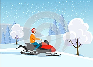 Young man riding Snowmobile isolated. Winter forest landscape.