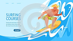 Young Man Riding Surf Board by Ocean Waves Banner