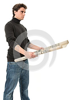 Young man with roll of blueprints