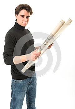 Young man with roll of blueprints