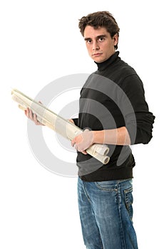 Young man with roll of blueprints