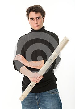 Young man with roll of blueprints