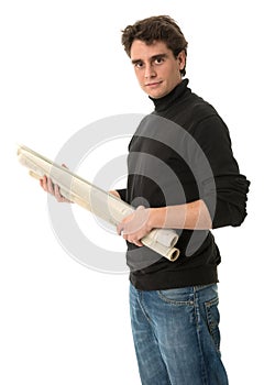 Young man with roll of blueprints