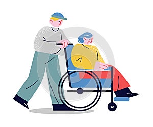 Young man rolling whellchair helping elderly woman to move