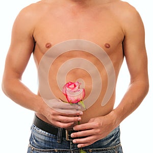 A young man with rose, isolated on white
