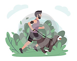 Young man running with dog in park. Stock vector. Sport and activity with dogs, healthy lifestyle.