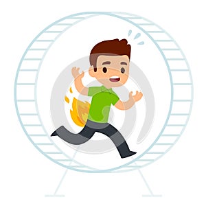 Young man running in hamster wheel on fire