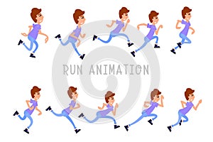 Young man running, storyboard for animation, flat style.
