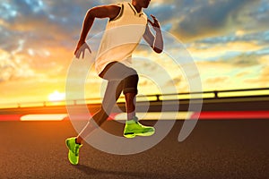 Young man running on the street, city park with sunset sky, 3d illustrations