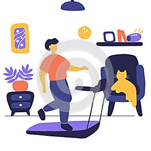 Young man running on treadmill. Sport training at home. Flat vector graphic