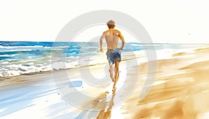 Young man runs down beach in shorts. The sea and sun. Watercolor illustration.