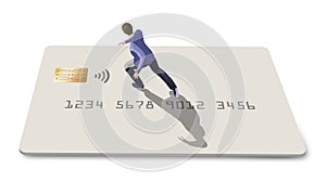 A young man runs over the top of a credit card or debit card as he jogs