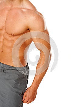 A young man's chest and abs on white