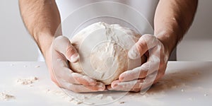 A young man\'s hands intensively kneading the dough, white background photo