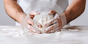 A young man\'s hands intensively kneading the dough, white background photo