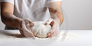 A young man\'s hands intensively kneading the dough, white background photo