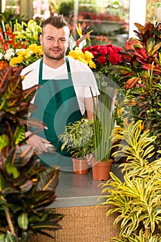 Young man scanning barcode flower shop gardening