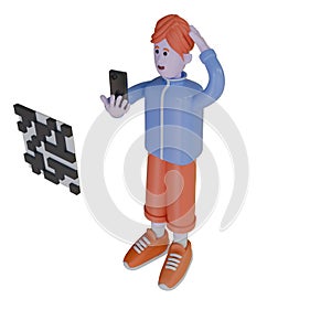 The young man scans the QR code and has a little difficulty. 3D render illustration.