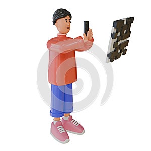 The young man scans the QR code and has a little difficulty. 3D render illustration.
