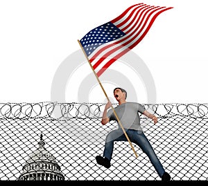 A young man screams with anger as he carries an American flag in this 3-D illustration