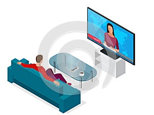 Young man seated on the couch watching tv, changing channels. Flat 3d vector isometric illustration.