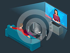 Young man seated on the couch watching tv, changing channels. Flat 3d vector isometric illustration.