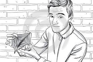 Young man with serious face showing his empty wallet. Brick wall background. Line art