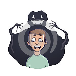 The young man and the shadow monster behind him. Vector illustration on the theme of insomnia, nightmares, fears