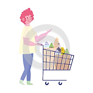 Young man with shopping cart filled food isolated design