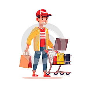 Young man with shopping cart and laptop. Online shopping concept. Vector illustration in cartoon style