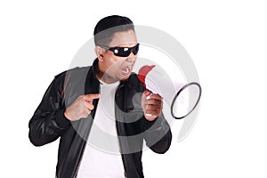 Young Man Shouting with Megaphone, Motivating Concept