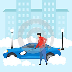 young man with a shovel cleans the car from snow. Clearing the area from snow during heavy snowfall. Flat illustration.