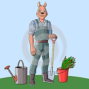 A young man with a shovel and a watering can works in the garden.