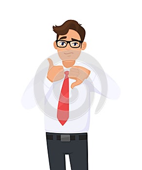 Young man showing/gesturing/making thumbs up and thumbs down sign/symbol. Man in formal dress and red colour tie. Business man.