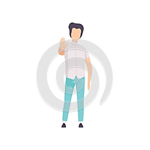 Young man showing hand palm gesture, stop sign, faceless guy character gesturing vector Illustration on a white
