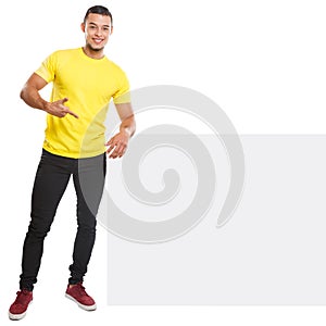 Young man showing pointing copyspace marketing ad advert empty blank sign isolated on white