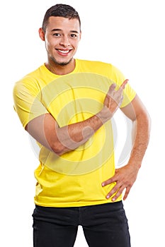 Young man showing pointing marketing ad advert people isolated on white