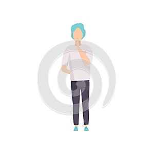 Young man showing silence sign, do not speak, be quiet gesture, faceless guy character gesturing vector Illustration on