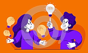 Young man shows a bright idea to a woman who has no working ideas, vector illustration of young people with a light bulb helping