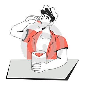 Young man sits at a table and eats snacks from a box, cartoon vector illustration