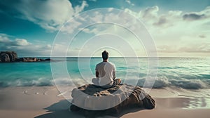 Young man sitting on the beach doing yoga and meditating.Relaxing near the ocean in luxury place.