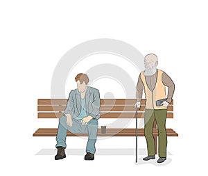 A young man sitting on a bench an old man approaches him. concept of human life. vector illustration. aging process.