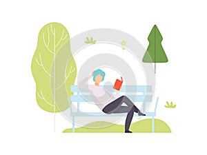 Young Man Sitting on Bench and Reading Book in Park, Guy Relaxing and Enjoying Nature Outdoors Vector Illustration