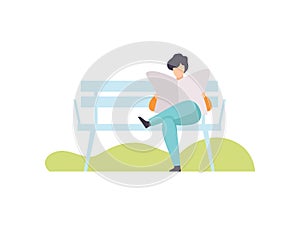 Young Man Sitting on Bench and Reading Newspaper in Park, Guy Relaxing and Enjoying Nature Outdoors Vector Illustration