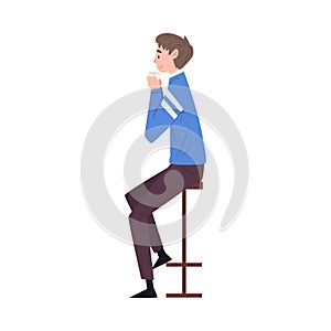 Young Man Sitting on Chair at Bar Drinking Coffee and Relaxing Vector Illustration