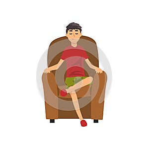 Young Man Sitting on Chair with Closed Eyes, Guy Spending Weekend at Home and Relaxing, Rest at Home Vector Illustration