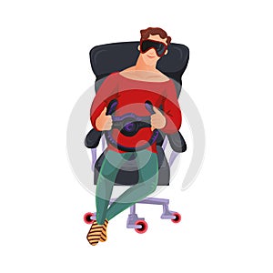 Young man sitting chair and gaming with virtual reality glasses and steering wheel. Vector colorful illustration in