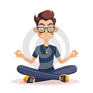 A young man is sitting cross legged in a lotus position with his hands on his knees. He is smiling and he is in a