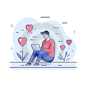 Young man sitting crosslegged using laptop surrounded floating hearts. Casual wear, freelancer photo