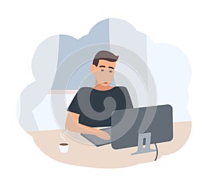 Young man sitting at desk and surfing internet on computer. Male character spending time at home in evening. Scene from